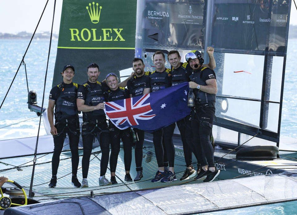 In this photo provided by SailGP, Australia's SailGP Team, helmed by Tom Slingsby, celebrates after winning a Bermuda SailGP sailing event in Bermuda, Sunday, May 15, 2022. (Ricardo Pinto/SailGP via AP)