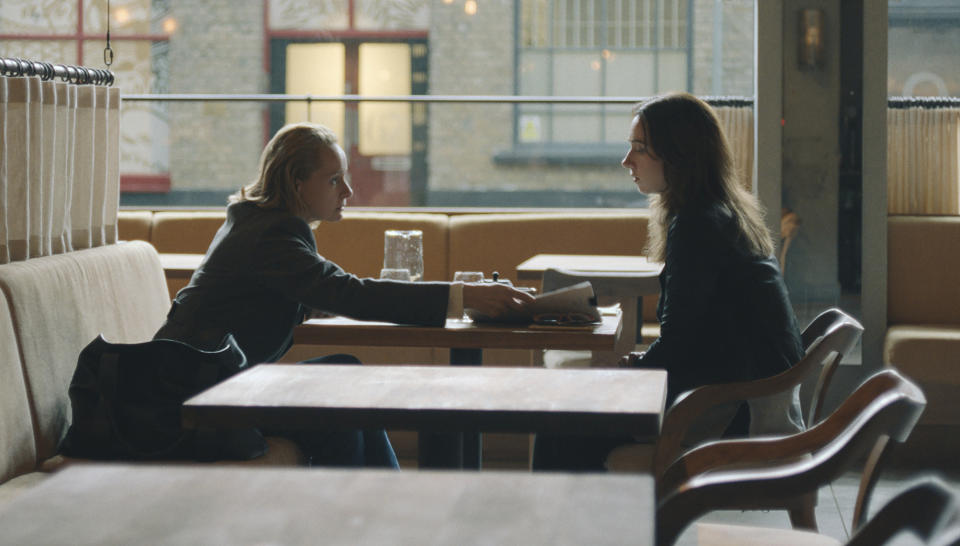 This image released by Universal Pictures shows Samantha Morton as Zelda Perkins, left, and Zoe Kazan as Jodi Kantor in a scene from "She Said." (Universal Pictures via AP)