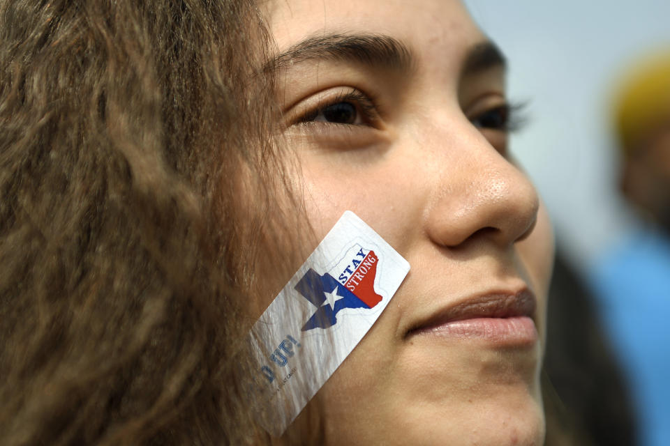 A 10th grader with a 'stay strong' sticker marched with students, immigrants and impacted individuals to Tivoli Quad on Denver's Auraria Campus to defend the Deferred Action for Childhood Arrivals (DACA) program during a city-wide walkout and rally. (Photo: Joe Amon via Getty Images)