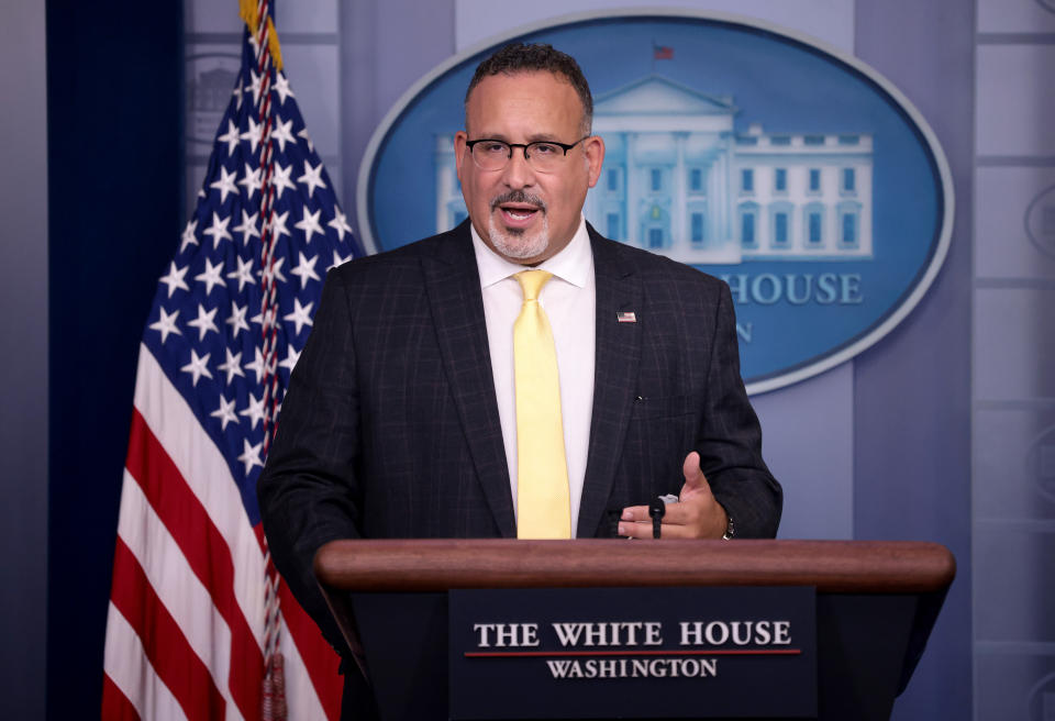 Secretary of Education Dr. Miguel Cardona answers questions during the daily briefing at the White House August 5, 2021 in Washington, DC. (Photo: Win McNamee/Getty Images)