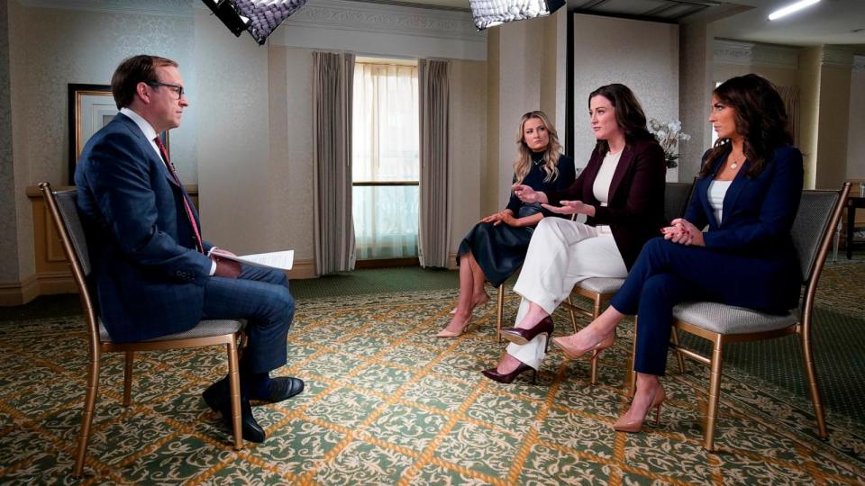 PHOTO: ABC's Jonathan Karl interviews Sarah Matthews, left, Cassidy Hutchinson, center, and Alyssa Farah Griffin, Dec. 15, 2023, in Washington. (Lou Rocco/ABC)