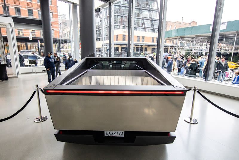 FILE PHOTO: Tesla's Cybertruck is displayed at Manhattan's Meatpacking District in New York City