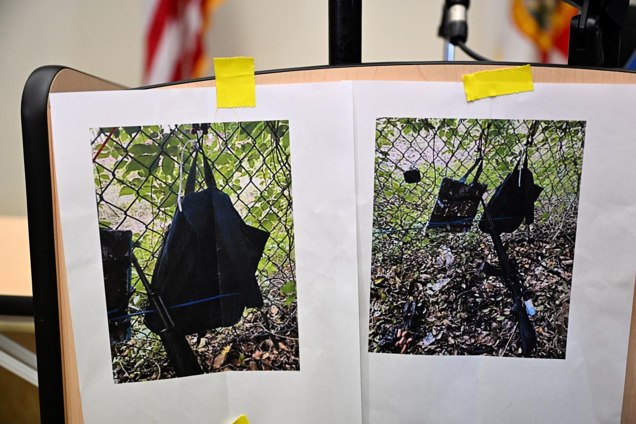 Pictures of evidence found at the fence of US president Donald Trump's golf course are shown at a press conference in West Palm Beach, Florida, on September 15, 2024 following a shooting incident at former US president Donald Trump's golf course. Trump's campaign reported Sunday that there had been 