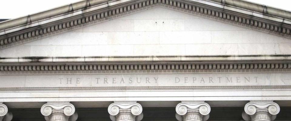 Washington, DC/USA March 8, 2019: U.S. Treasury Department building, north entrance (Pennsylvania Ave). Treasury is an executive department of the U.S. government.