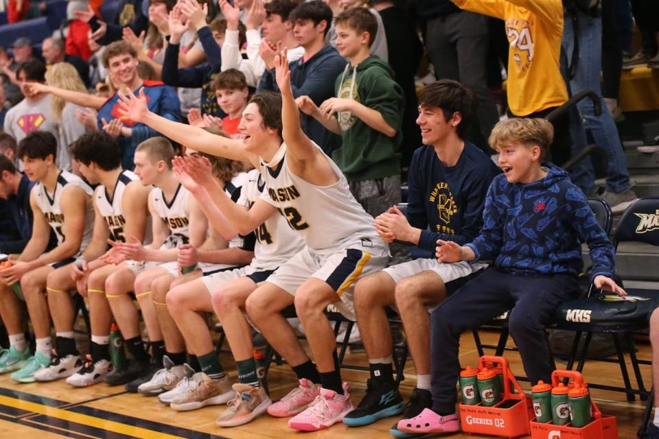 The Erie Mason bench celebrates a big play Friday night during a 62-52 win over Britton Deerfield.