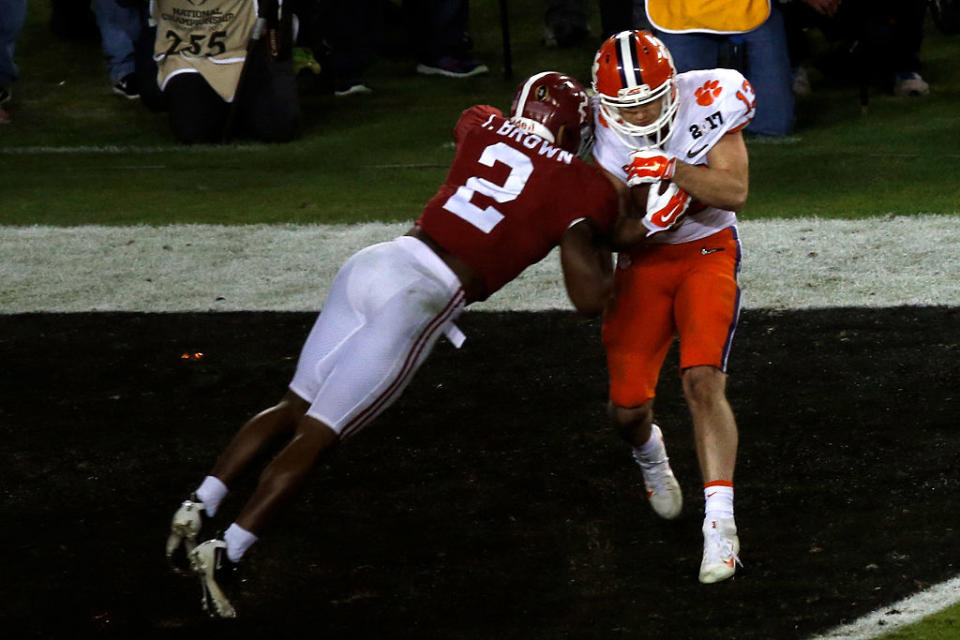 Clemson WR Hunter Refrow catches the game-winning touchdown in the College Football Playoff National Championship against Alabama. (Getty)