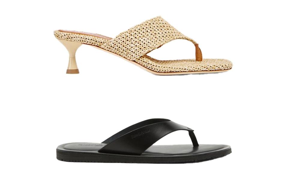 Women: Flis seagrass sandal, £450, Dear Frances dearfrances.com;  Men: Claremont leather sandal, £125, Russell & Bromley russellandbromley.com