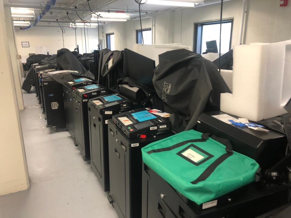 In this 2020 file photo, voting machines are seen at the storage area of the Ontario County Board of Elections.
