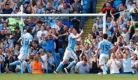 Britain Soccer Football - Manchester City v Arsenal - Barclays Premier League - Etihad Stadium - 8/5/16 Kevin De Bruyne celebrates scoring the second goal for Manchester City Action Images via Reuters / Jason Cairnduff Livepic EDITORIAL USE ONLY.