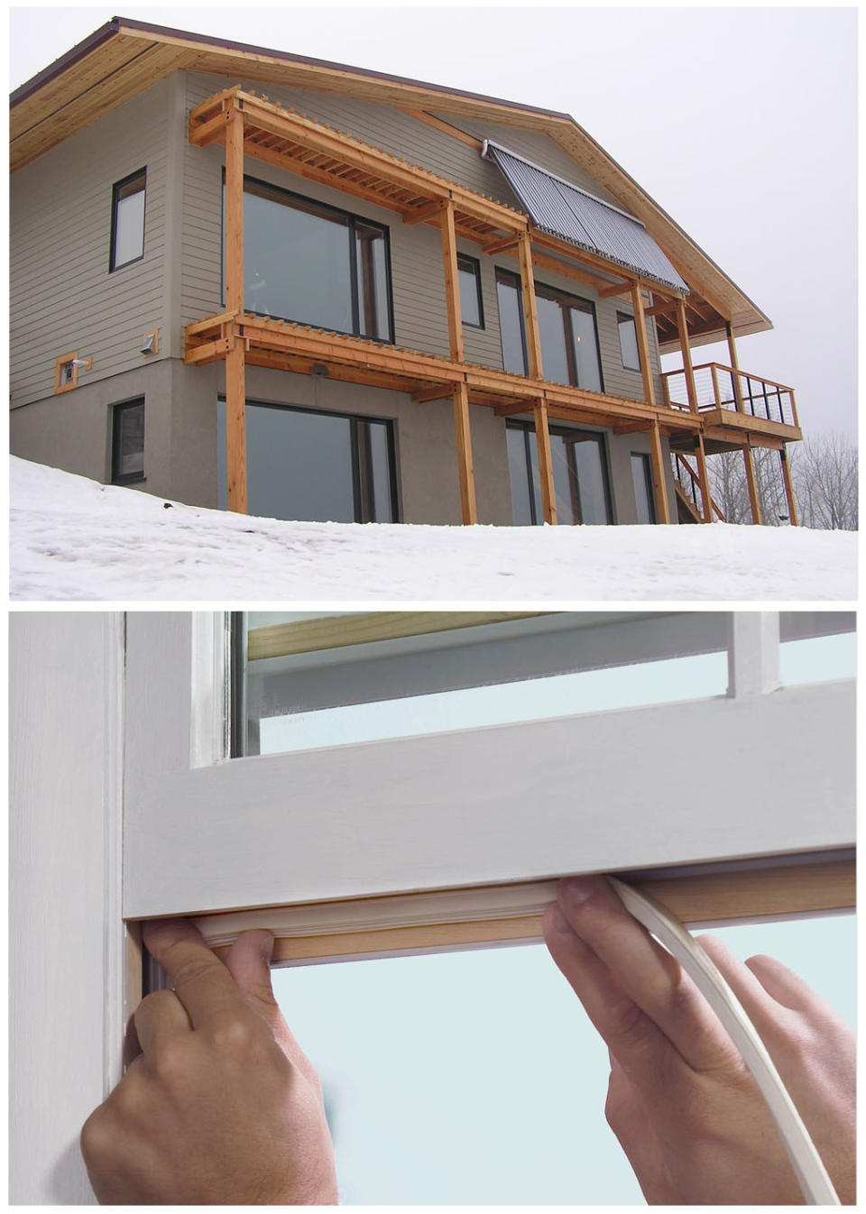 FILE -This combination of Associated Press file photos shows, top, a house in Duluth, Minn.,with triple-paned, south-facing windows that draw heat from the sun, and bottom an undated photo provided by Lowe's shows weatherstripping being applied to a window. Since the early 2000s more states have adopted or toughened building codes to force builders to better seal homes so heat or air-conditioned air doesn’t seep out so fast. (AP Photo/File)