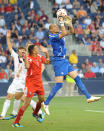 Goalkeeper Milan Borjan of Canada (R) makes a save in front of Blas Perez of Panama (L) during the 2011 CONCACAF Gold Cup Group C match June 14, 2011 at LiveStrong Sporting Park in Kansas City, Kansas. The teams drew, 1-1. AFP PHOTO/Stan HONDA (Photo credit should read STAN HONDA/AFP/Getty Images)