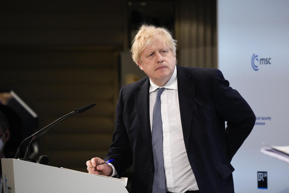 Prime Minister Boris Johnson speaks during the Munich Security Conference in Germany where he is meeting with world leaders to discuss tensions in eastern Europe. Picture date: Saturday February 19, 2022.