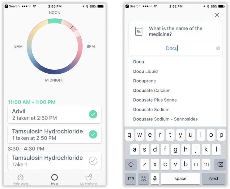 Round Health shows your progress as a round graph (left). It also has autocomplete (right).