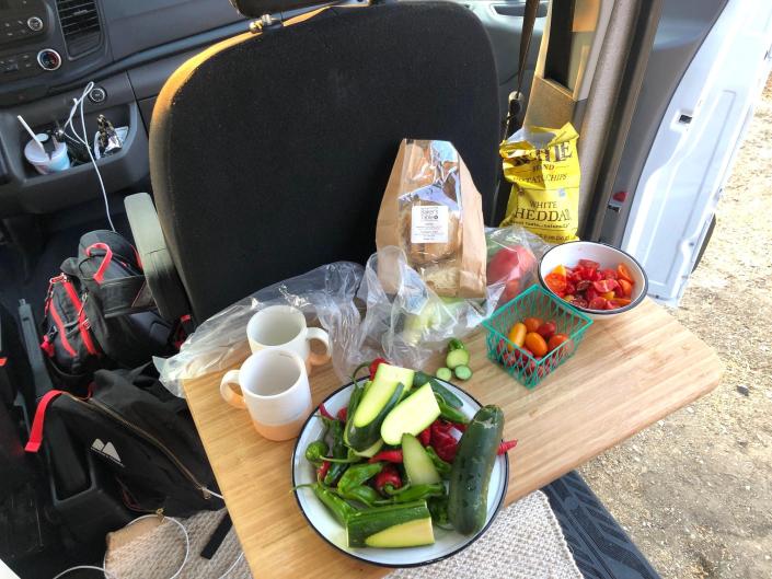 Table for food prep in the Camp Hox van