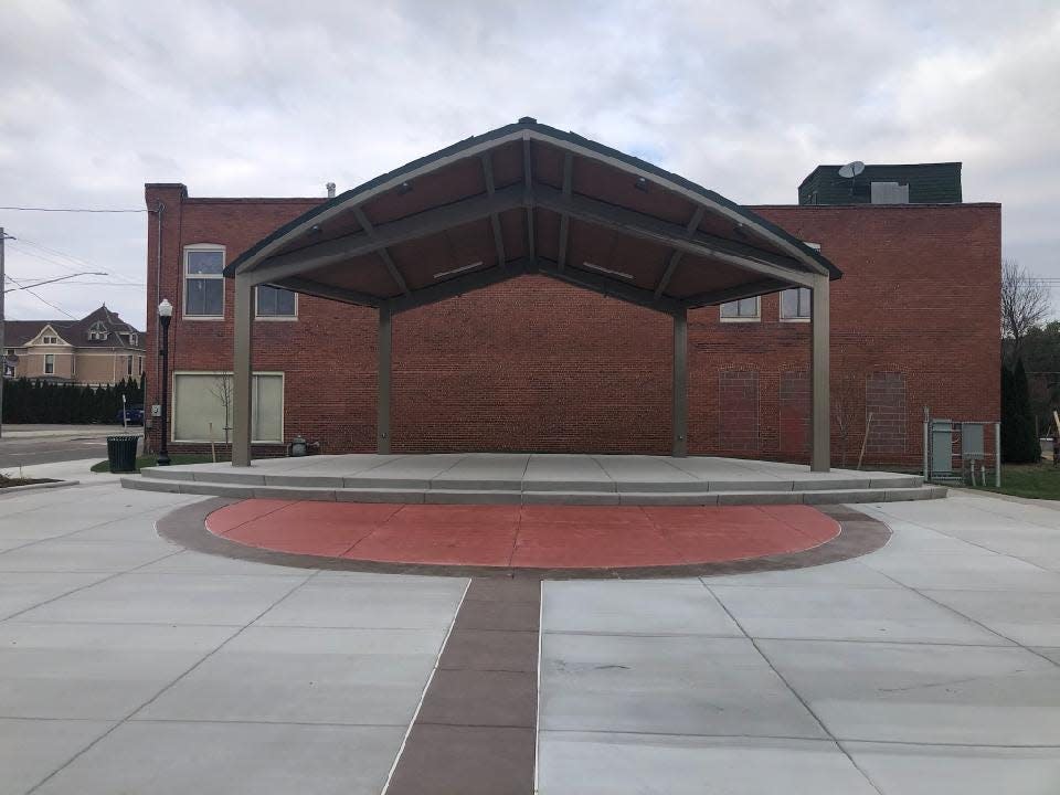 The new Union Square Park at the corner of Seneca and Genesee features a covered stage. The city officially opened the park Thursday, Nov. 2, 2023.