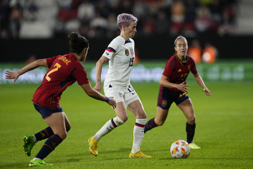 Megan Rapinoe of USA and OL Reign in action during the Women's International Friendly match between Spain and USA at El Sadar Stadium on October 11, 2022 in Pamplona, Spain. (Photo by Jose Breton/Pics Action/NurPhoto via Getty Images)