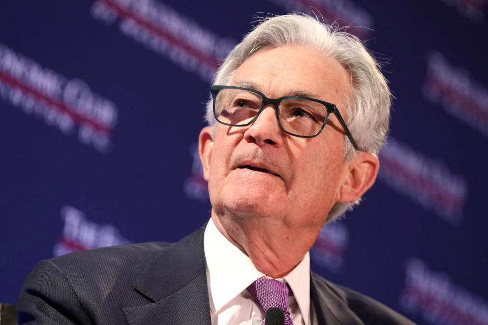 US Federal Reserve Chairman Jerome Powell responds to a question from David Rubenstein (not pictured) during a panel discussion at the Renaissance Hotel in Washington, DC on February 7, 2023.  REUTERS/Amanda Andrade-Rhodes