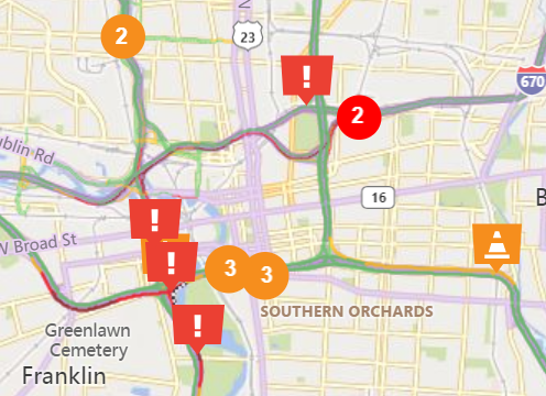An Ohio Department of Transportation map shows traffic conditions at 9 a.m. Tuesday after several crashes caused lane and road closures.