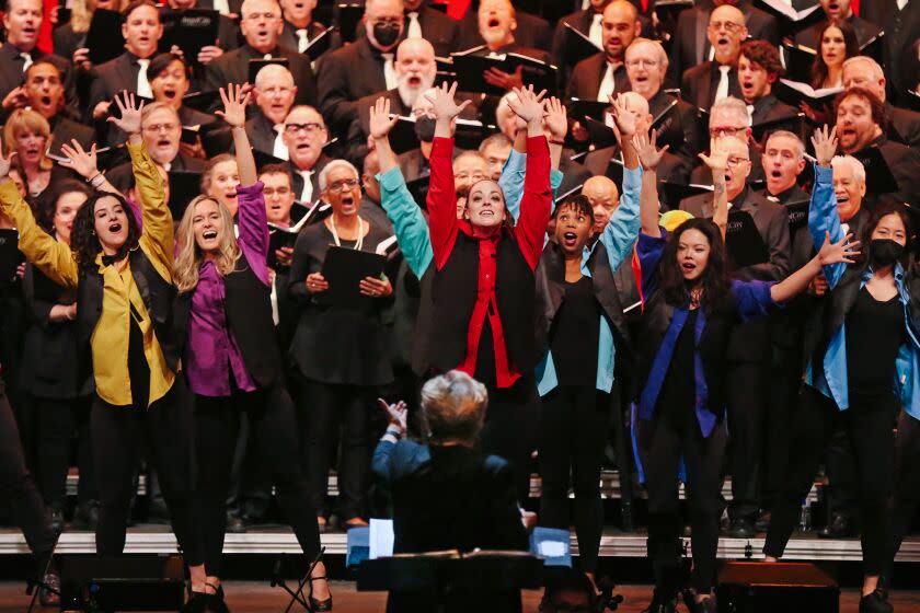 LOS ANGELES, CA - JUNE 11, 2023 - Members of The Angel City Chorale rehearse a number that featured songs from popular television shows before a performance at Royce Hall at UCLA on June 11, 2023. Conductor Sue Fink is the founder and artistic director of Angel City Chorale which celebrates its 30th anniversary this summer with gigs at three historic venues in Italy. Angel City Chorale were semi-finalist on "America's Got Talent." (Genaro Molina / Los Angeles Times)