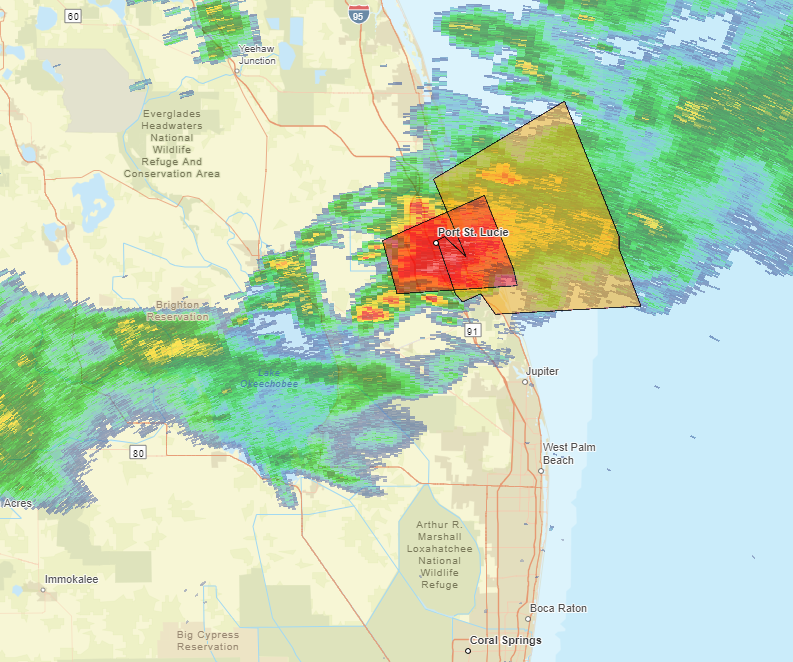 At 6 p.m., Monday, a strong line of thunderstorms has produced at least one tornado in St. Lucie County, FL.