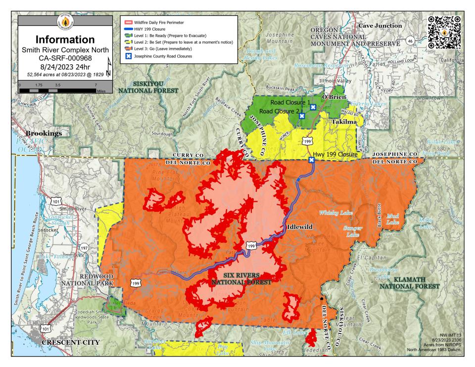 Map of Smith River Complex and evacuation areas as of Thursday.