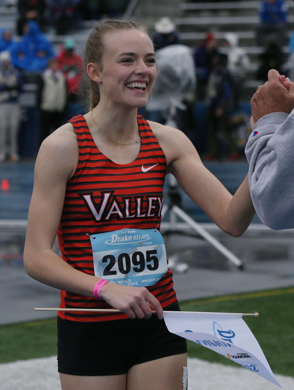 West Des Moines Valley’s Emma Havighurst celebrates after winning her first Drake Relays title on Friday. She claimed the girls 100-meter hurdles.