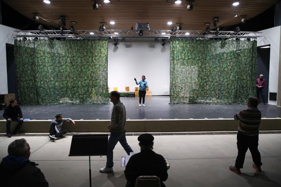 Cast and crew of the Desert Theatricals production of "South Pacific" rehearse at the Rancho Mirage Amphitheater, Feb. 6, 2023.