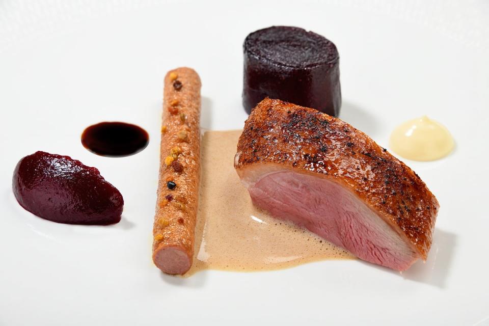 Goodwin-Allen's Yorkshire duck is served with heirloom beetroot, aged balsamic and bee pollen (visitlancashire.com)
