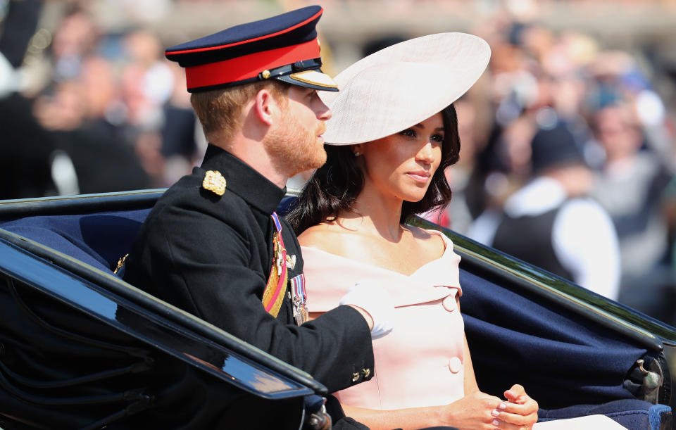 Meghan Markle chose a protocol-breaking cold-shoulder look for her debut Trooping the Colour parade [Photo: Getty]