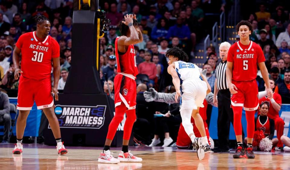 N.C. State’s Terquavion Smith (0) reacts after fouling Creighton during the first half of N.C. State’s game against Creighton in the first round of the NCAA Tournament at Ball Arena in Denver, Colo., Friday, March 17, 2023. Ethan Hyman/ehyman@newsobserver.com