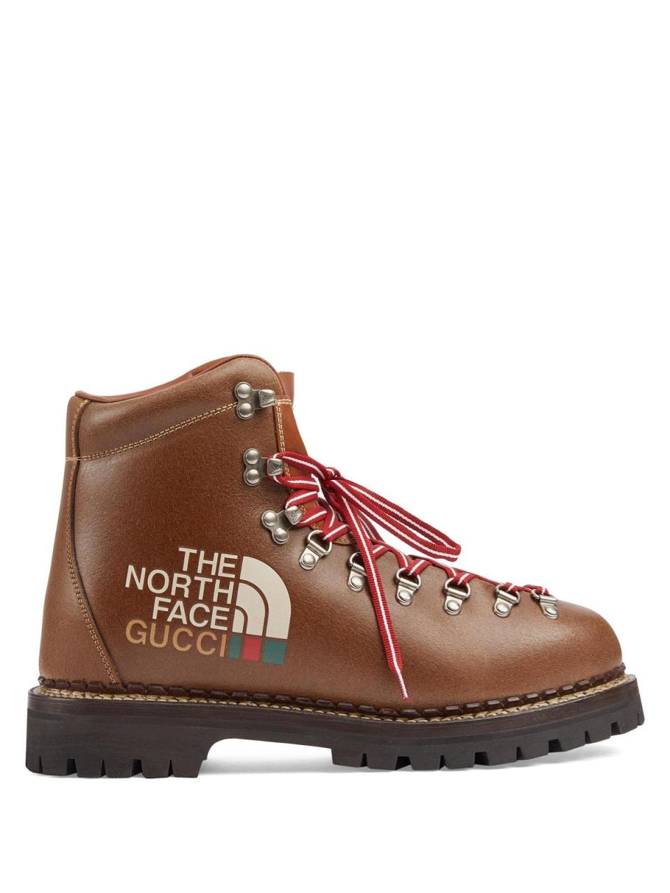 The North Face x Gucci 聯名棕色皮革登山靴 NT$49,200。（Gucci提供）