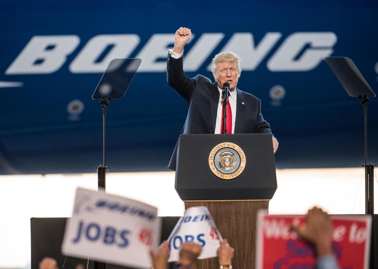 Donald Trump addresses a crowd during the debut event for the Dreamliner 787-10 at Boeing's South Carolina facilities: Sean Rayford/Getty Images