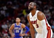 Apr 9, 2019; Miami, FL, USA; Miami Heat guard Dwyane Wade (3) takes a breather against the Philadelphia 76ers during the first half at American Airlines Arena. Mandatory Credit: Steve Mitchell-USA TODAY Sports