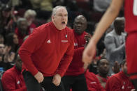 Rutgers' head coach Steve Pikiell yells during the second half of an NCAA college basketball game against Michigan at the Big Ten men's tournament, Thursday, March 9, 2023, in Chicago. (AP Photo/Erin Hooley)