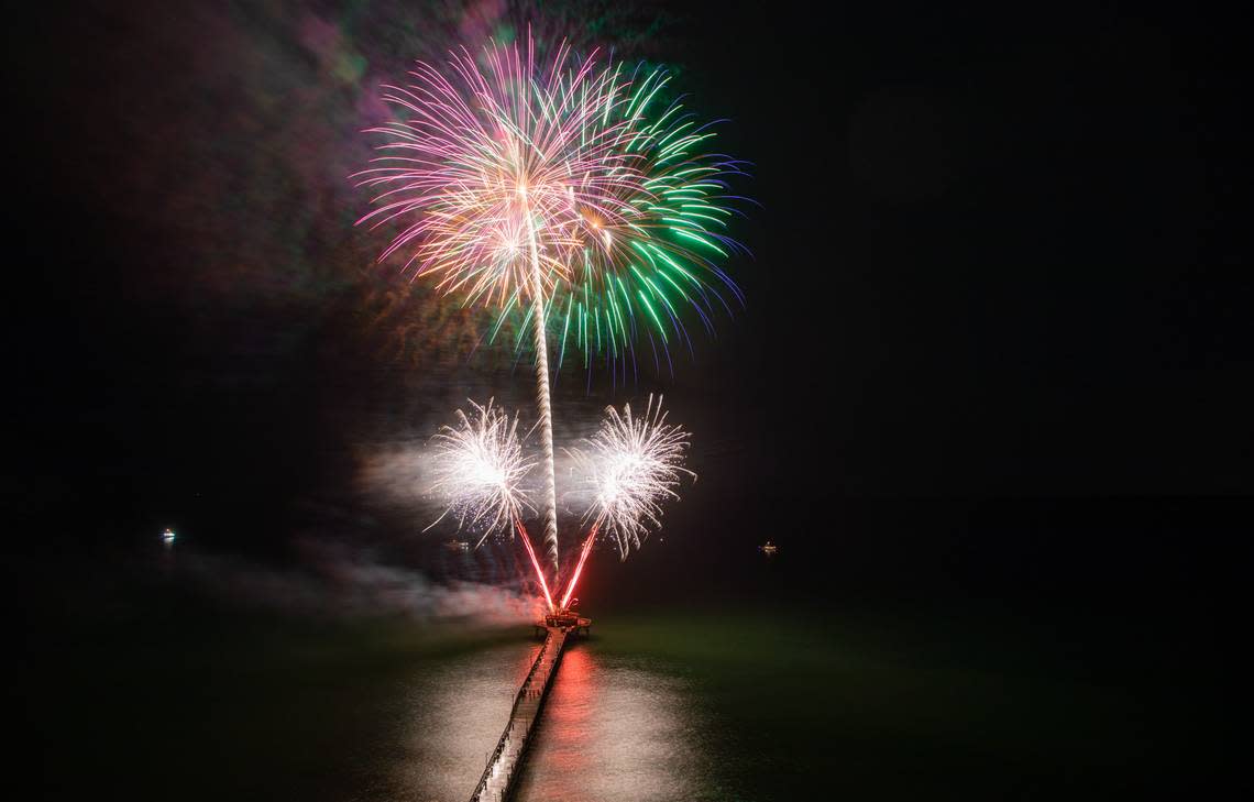 Fireworks shoot off the end of the Cherry Grove Pier for the pier’s July 4 celebration Thursday night.