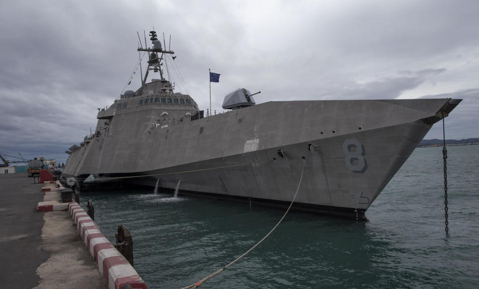 FILE - In this Sept. 2, 2019, file photo, the USS Montgomery, one of the ships that will participate in Association of Southeast Asian Nations, ASEAN-U.S. Maritime Exercise is docked in Sattahip, Thailand. USNI News said the littoral combat ship USS Montgomery and replenishment ship USNS Cesar Chavez conducted a patrol on Thursday, May 7, 2020. near the Panamanian-flagged drill ship West Capella, which has been contracted by Malaysian state oil company Petronas to conduct surveys within Malaysia’s exclusive economic zone.(AP Photo/Gemunu Amarasinghe, File)