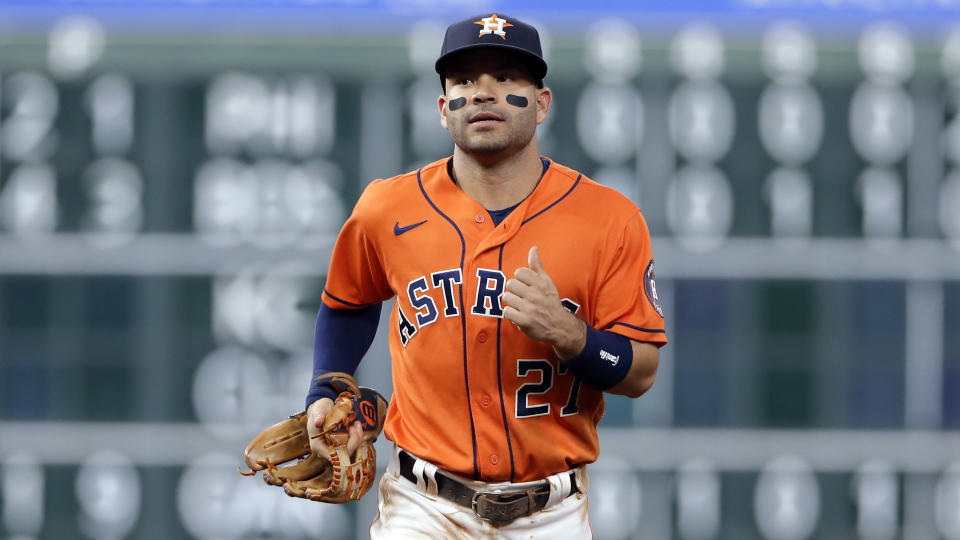 Houston Astros second baseman Jose Altuve (27) during a baseball game against the New York Yankees Friday, July 9, 2021, in Houston. (AP Photo/Michael Wyke)