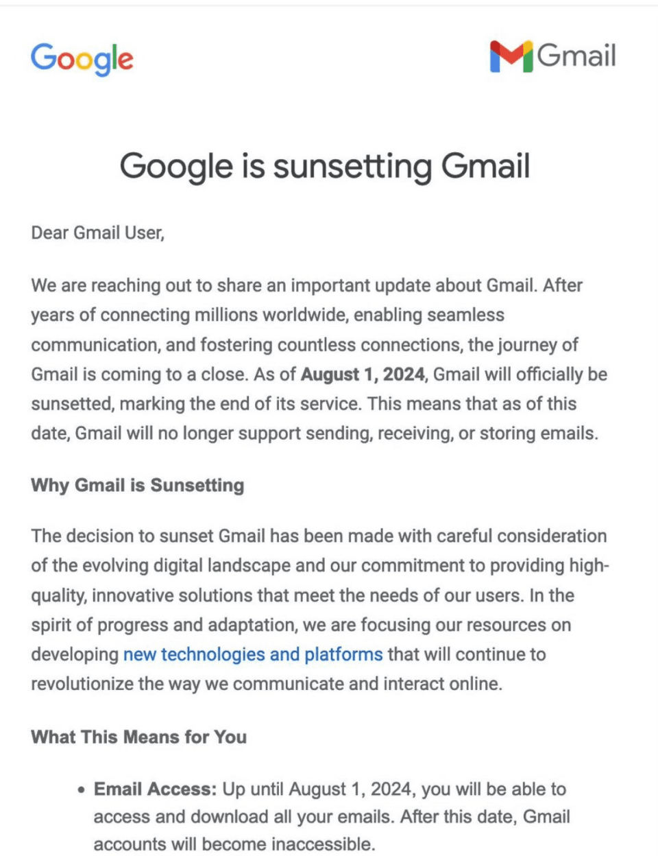 有網友聲稱收到Google官方信件，說即將關閉Gmail。（翻攝自X）