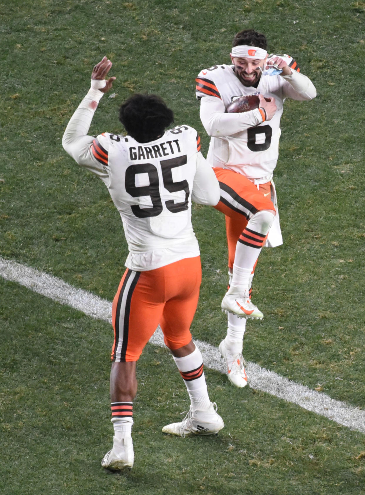 Cleveland Browns quarterback Baker Mayfield and defensive end Myles Garrett celebrate after the 2020 AFC Wild Card playoff game against the Pittsburgh Steelers at Heinz Field. (Philip G. Pavely/USA TODAY Sports)