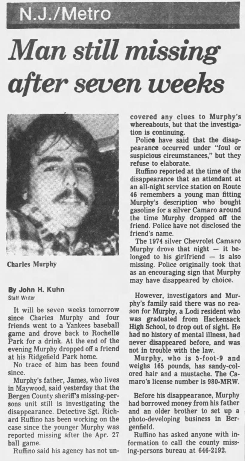 A clip from The Record from June 14, 1982 about Charles Murphy being missing.