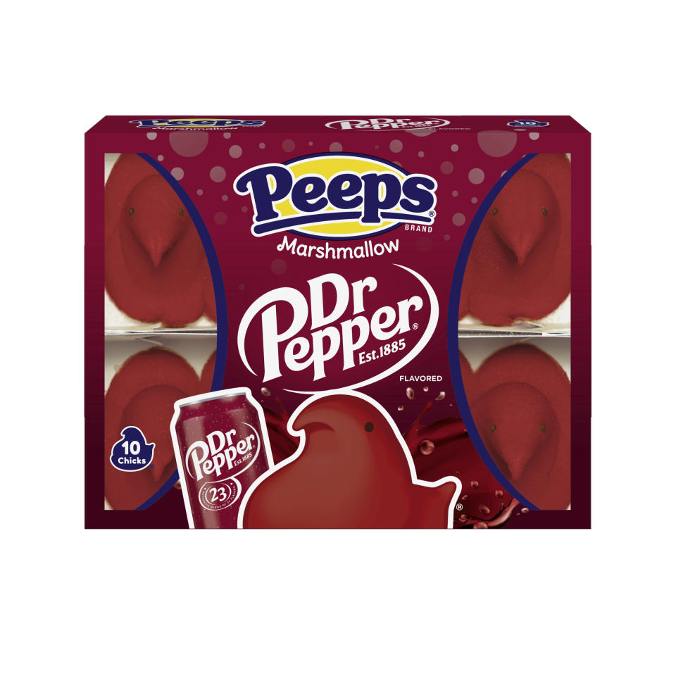 This photo provided by Just Born Quality Confections shows Dr. Pepper Peeps. Nostalgia sells and marketers know it, having used the brands of yesteryear fully aware that consumers will willingly open their wallets to scratch that sentimental itch. That winning formula is being tweaked increasingly to create hybrids, however, products that possess the same heartfelt recognition, with a twist. (Just Born Quality Confections via AP)