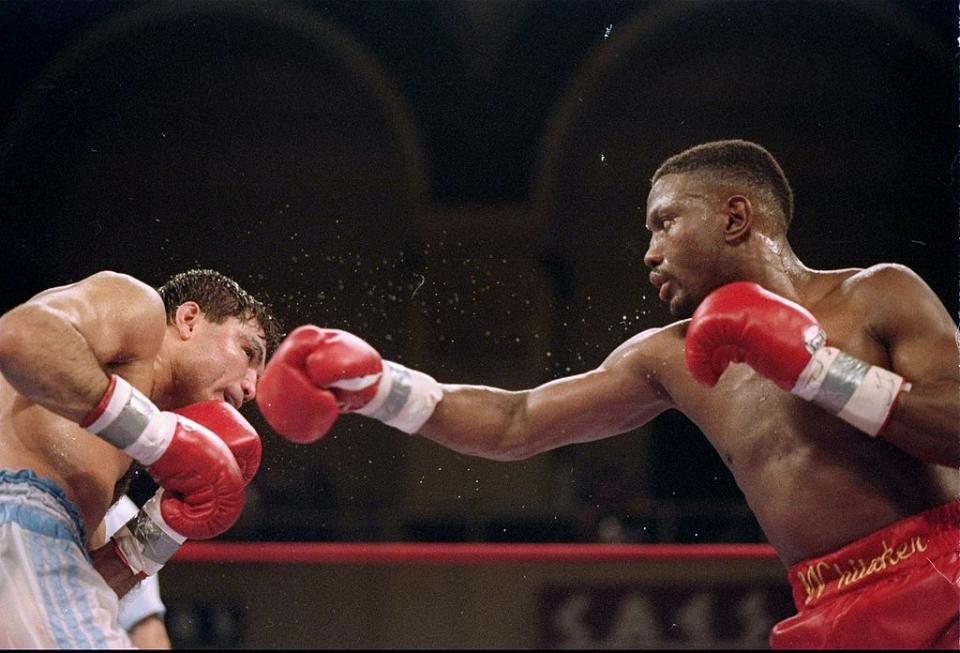 3 Apr 1995: Pernell Whitaker throws a punch at Julio Cezar Vasquez during a fight. Mandatory Credit: Simon Bruty /Allsport