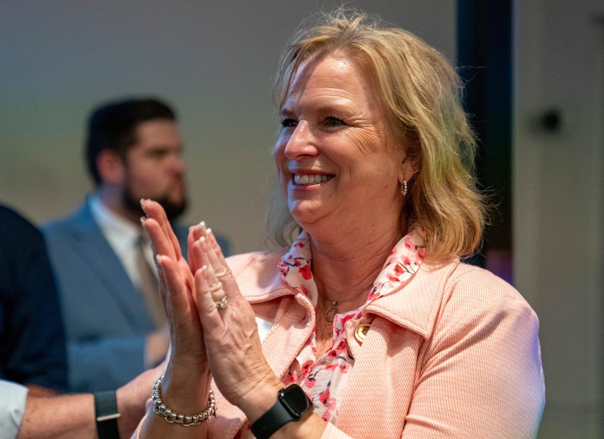 Amy Canterbury celebrates her victory over Cheryl Musgrave in the GOP primary for District 3 County Commissioner Tuesday, May 7, 2024.