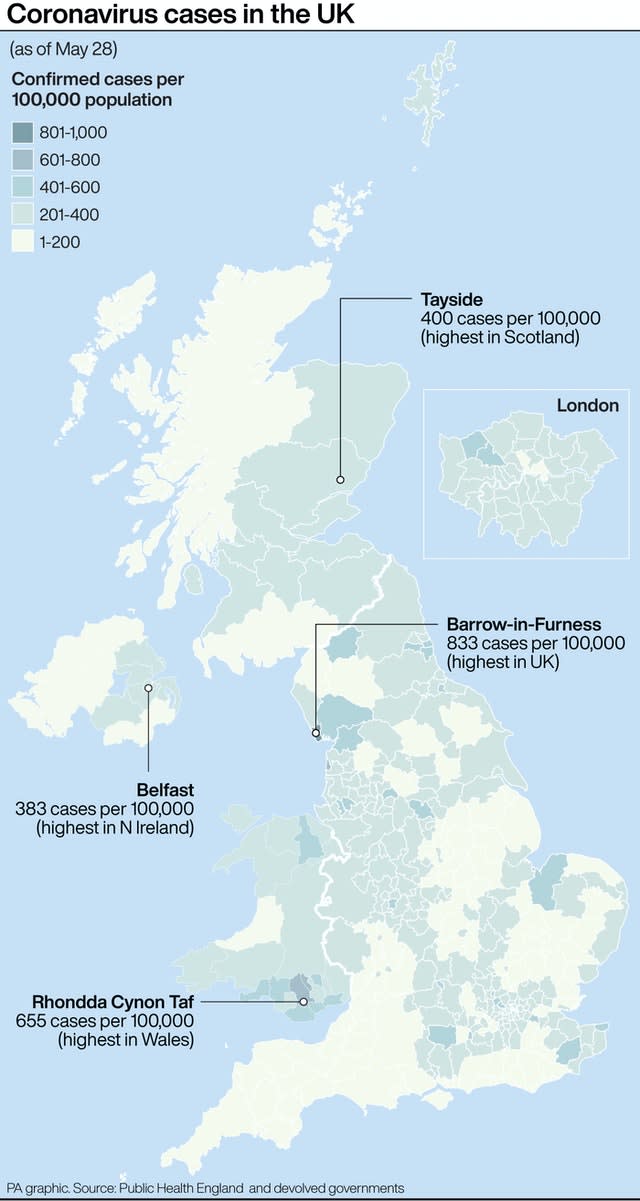 Coronavirus cases in the UK.