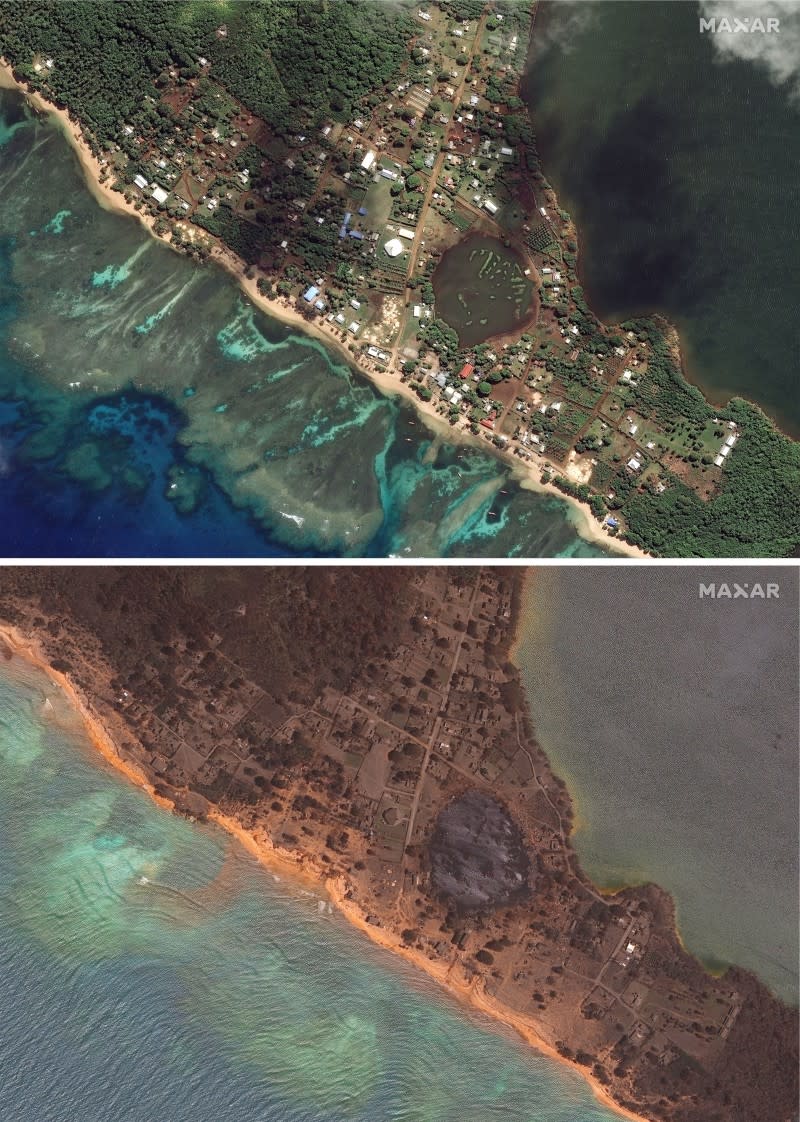 東加諾穆卡島（Nomuka）在海底火山噴發前後的照片對比圖（美聯社）