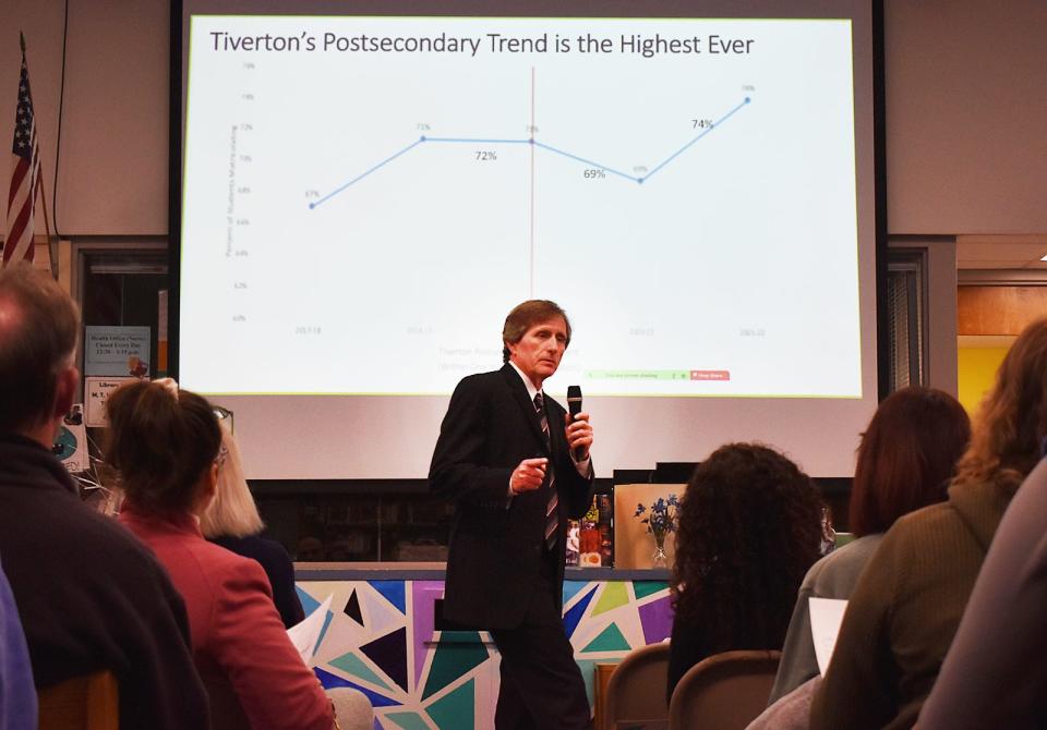 Tiverton Superintendent of Schools Peter Sanchioni speaks at a forum for parents to learn more about the potential closure of Fort Barton School Tuesday, March 19, at Tiverton High School.