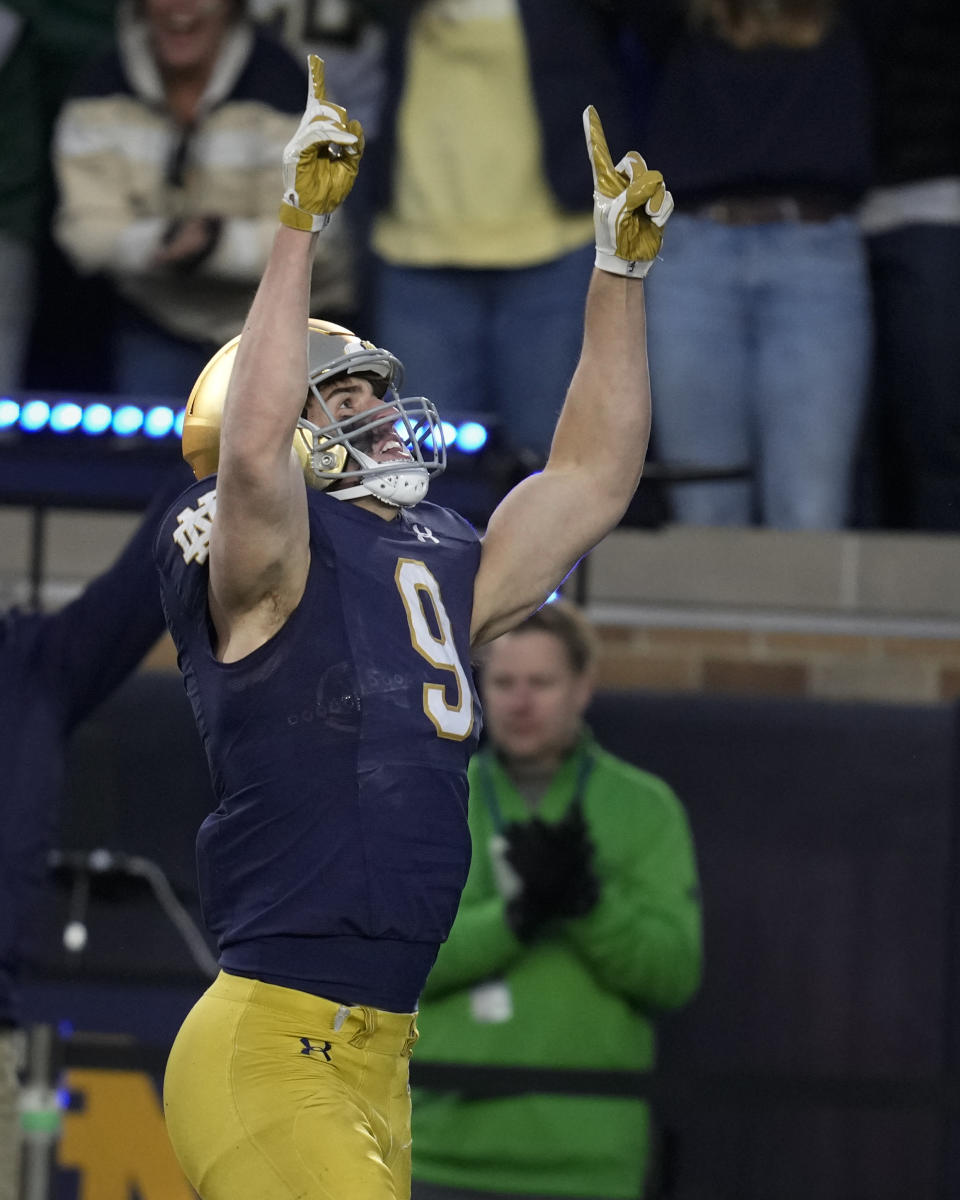 Notre Dame tight end Eli Raridon (9) celebrates after a touchdown against Wake Forest during the second half of an NCAA college football game in South Bend, Ind., Saturday, Nov. 18, 2023. (AP Photo/Michael Conroy)