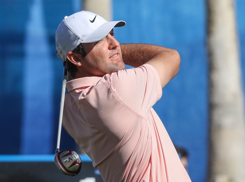 Scottie Scheffler tees off on the 10th hole of the Nicklaus Tournament course at PGA West during the American Express in La Quinta, Calif., Friday, January 21, 2022.