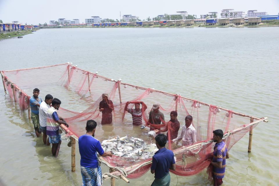 Rohingya refugees engage in a fishing activity at Bhashan Char island in the Bay of Bengal, Bangladesh, Saturday, April 6, 2024. Japan's Nippon Foundation will spend $2 million to help move tens of thousands more Rohingya refugees to the remote island in Bangladesh and provide them with skills training, the charity's chairman said. (Nippon Foundation via AP)