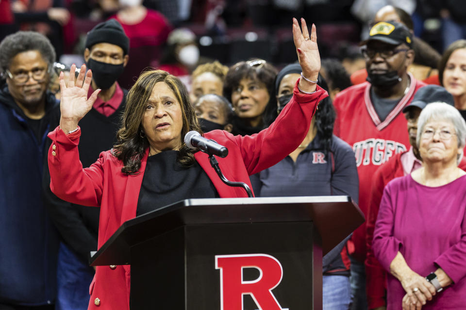 FILE - Former Rutgers head coach C. Vivian Stringer is honored at a ceremony during half time at the Big Ten Conference women's college basketball game between Rutgers and Ohio State in Piscataway, N.J., Sunday, Dec. 4, 2022. South Carolina and Iowa will play in the most talked about and highly anticipated matchups in women's Final Four history, Friday, March 31, 2023. No one on Iowa's roster was alive the last time that the Hawkeyes reached the Final Four. C. Vivian Stringer was the coach of that team in 1993 that lost to Ohio State in overtime.(AP Photo/Stefan Jeremiah, File)